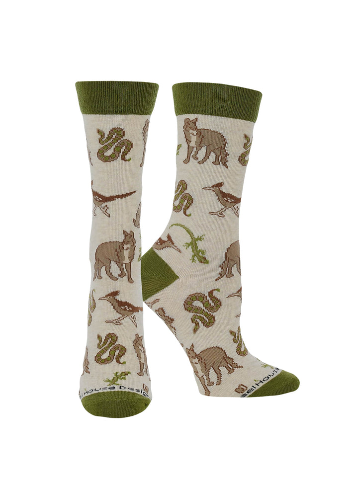 Desert Animal Crew Socks for Women Coyote Gecko and Roadrunner Socks