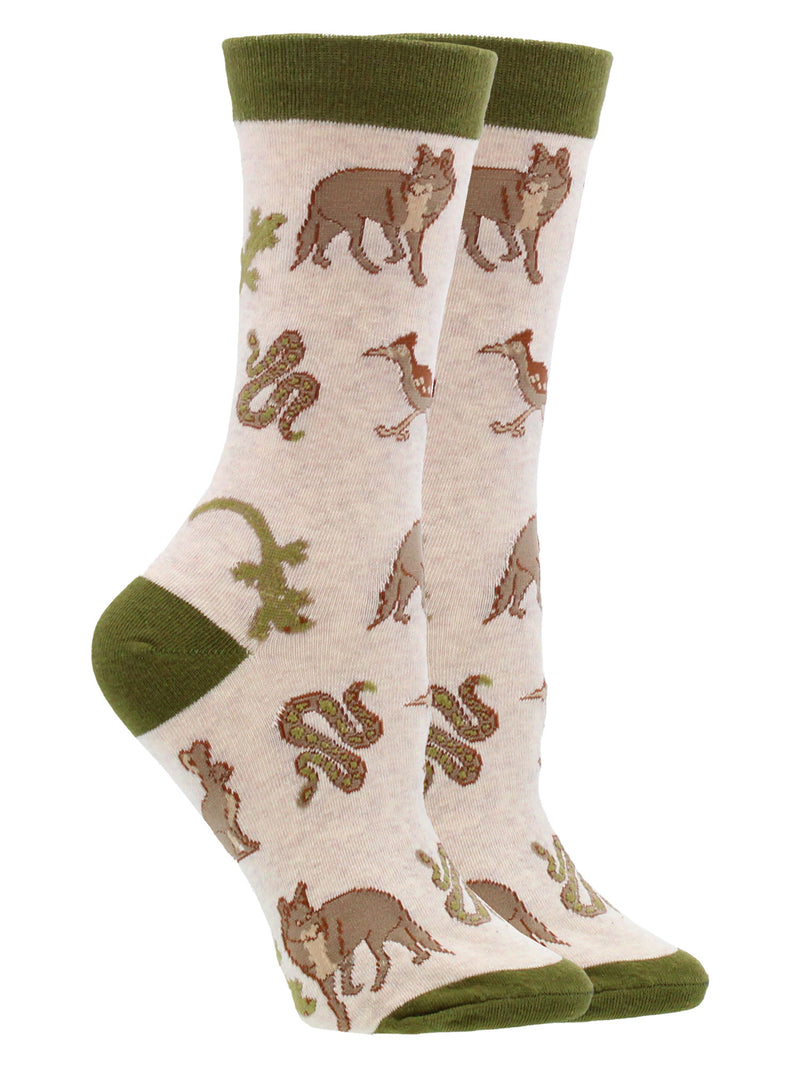 Desert Animal Crew Socks for Women Coyote Gecko and Roadrunner Socks