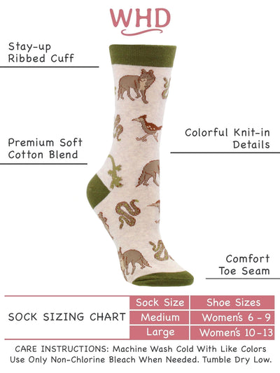 Desert Animal Crew Socks for Women Coyote Gecko and Roadrunner Socks